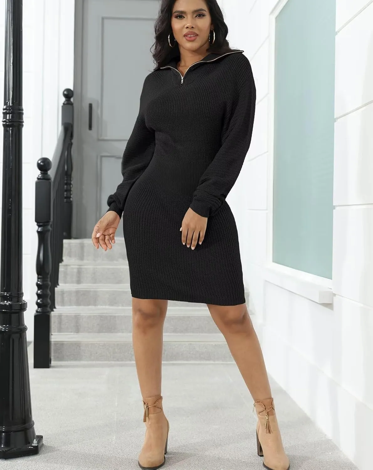 IyMoo Women's 2025 V Neck Ribbed Long Sleeve Bodycon Pullover Cute Mini Sweater Dress