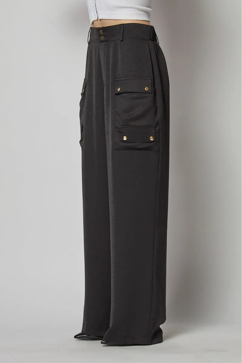 Jazzy Satin Cargo Black Pocket Wide Leg Pants