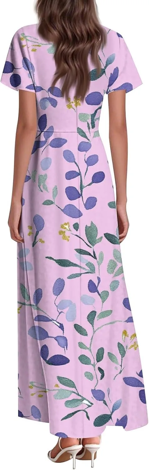JJHAEVDY Summer Dresses for Women Loose Short Sleeve Dress V Neck Casual Maxi Dress Print Flowy Swing Beach Vacation Dress