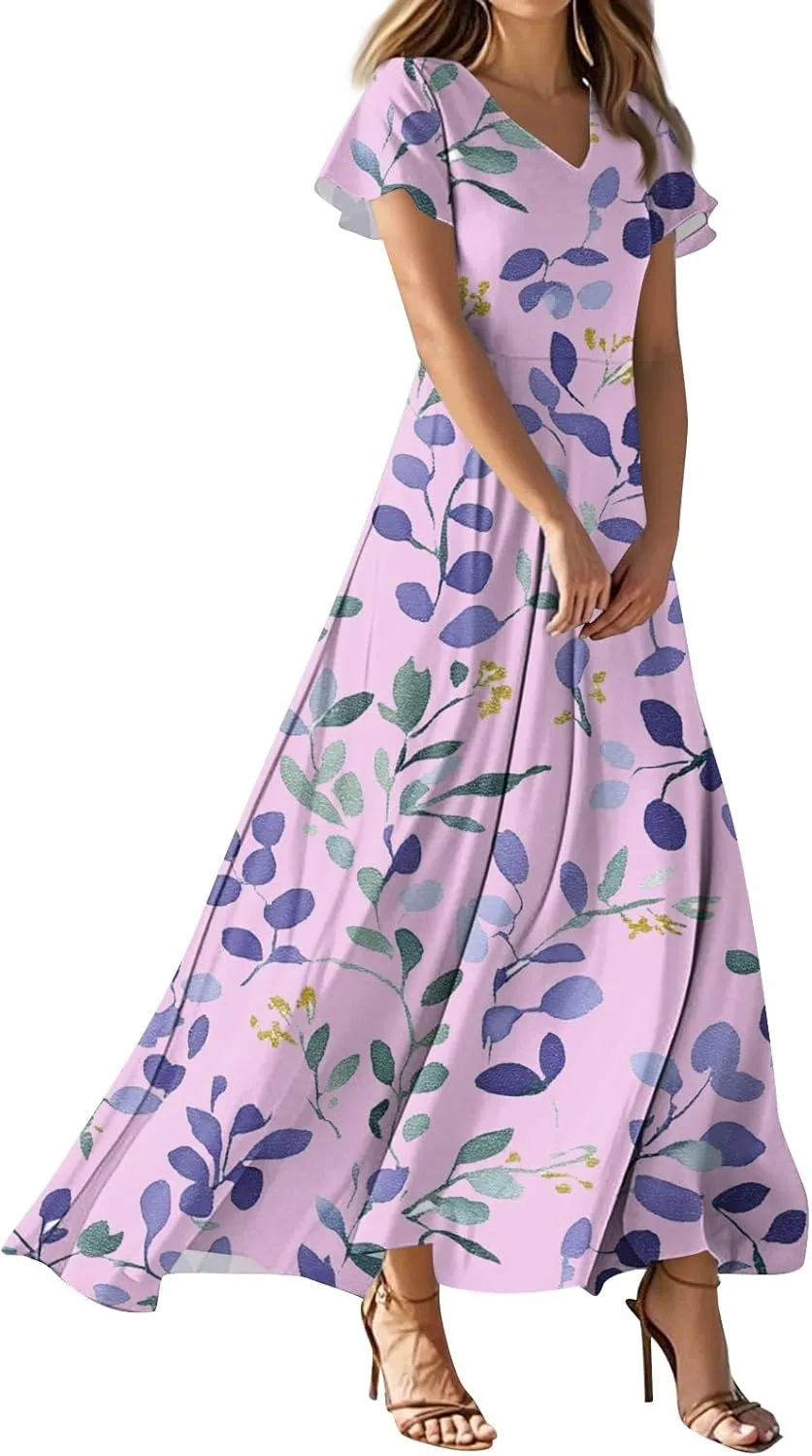 JJHAEVDY Summer Dresses for Women Loose Short Sleeve Dress V Neck Casual Maxi Dress Print Flowy Swing Beach Vacation Dress