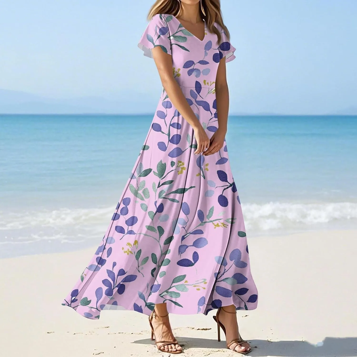 JJHAEVDY Summer Dresses for Women Loose Short Sleeve Dress V Neck Casual Maxi Dress Print Flowy Swing Beach Vacation Dress