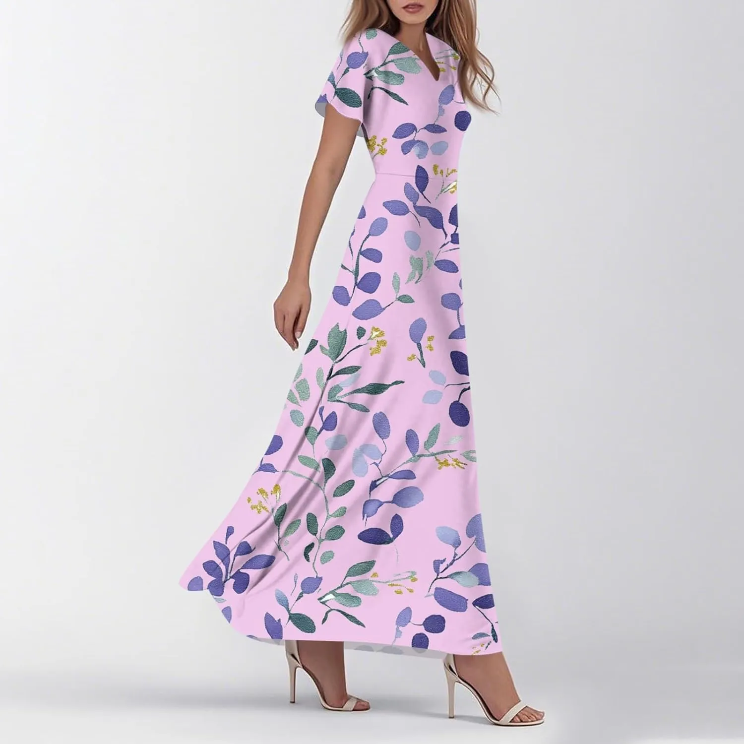 JJHAEVDY Summer Dresses for Women Loose Short Sleeve Dress V Neck Casual Maxi Dress Print Flowy Swing Beach Vacation Dress
