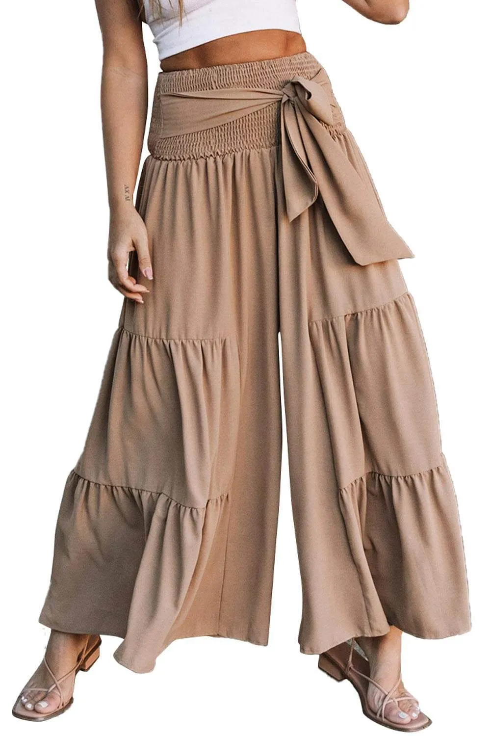 Khaki Lace Up Smocked Waist Tiered Wide Leg Pants - Stylish Comfort