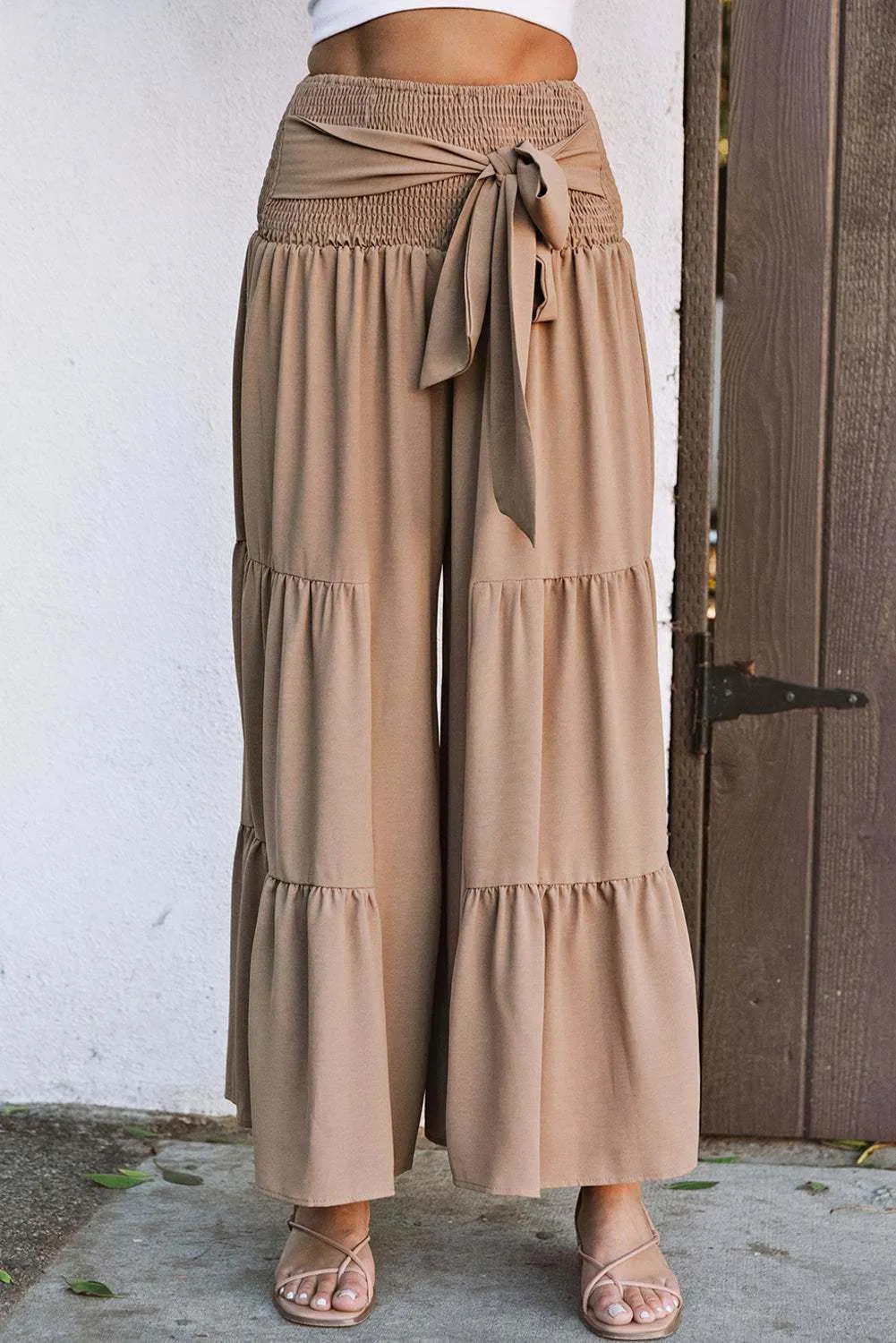 Khaki Lace Up Smocked Waist Tiered Wide Leg Pants - Stylish Comfort