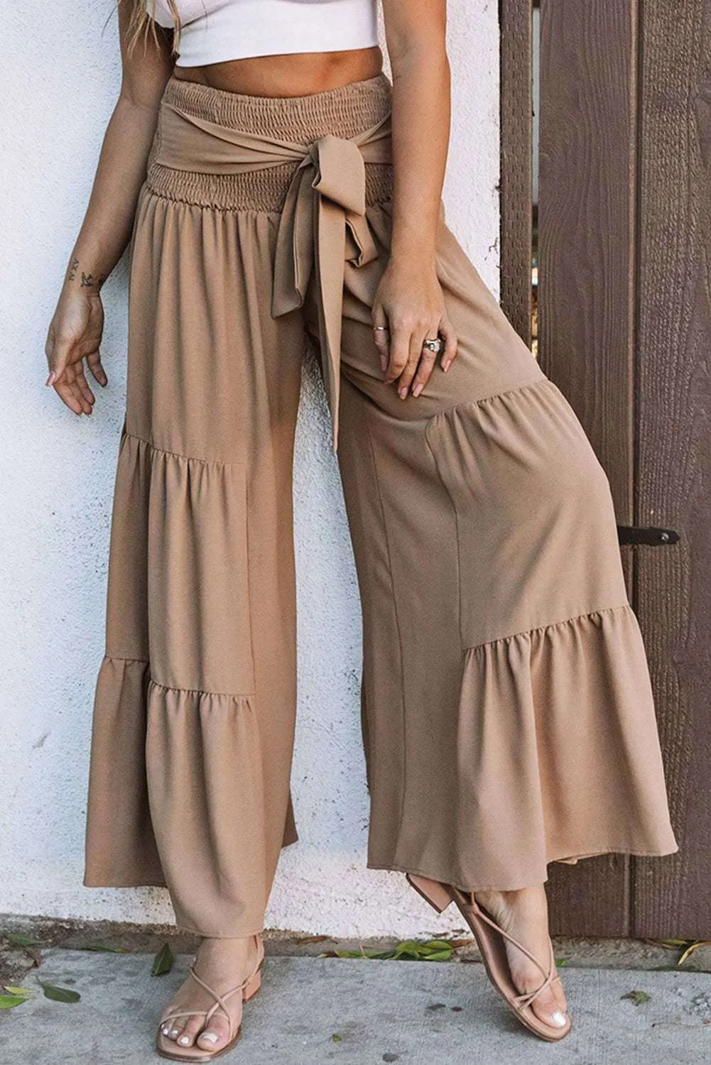 Khaki Lace Up Smocked Waist Tiered Wide Leg Pants - Stylish Comfort