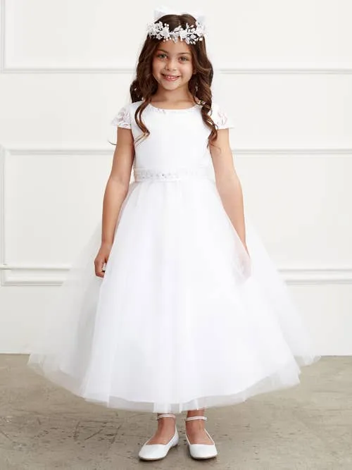Lace Cap Sleeve Dress with Lace Back Inset & Rhinestone Belt