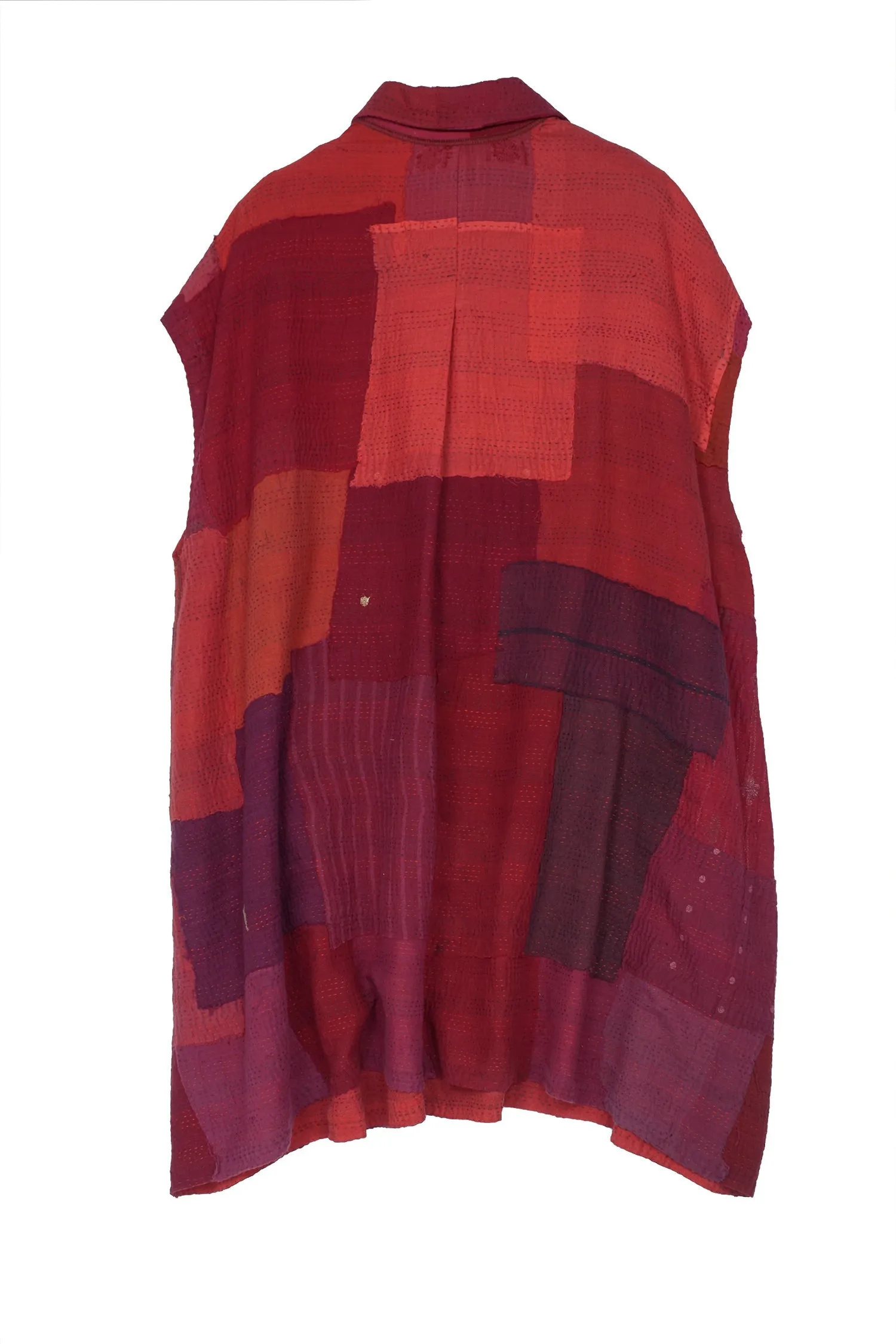 LANDSCAPE FRAYED PATCH KANTHA SHIRT DRESS - lf2426-red -