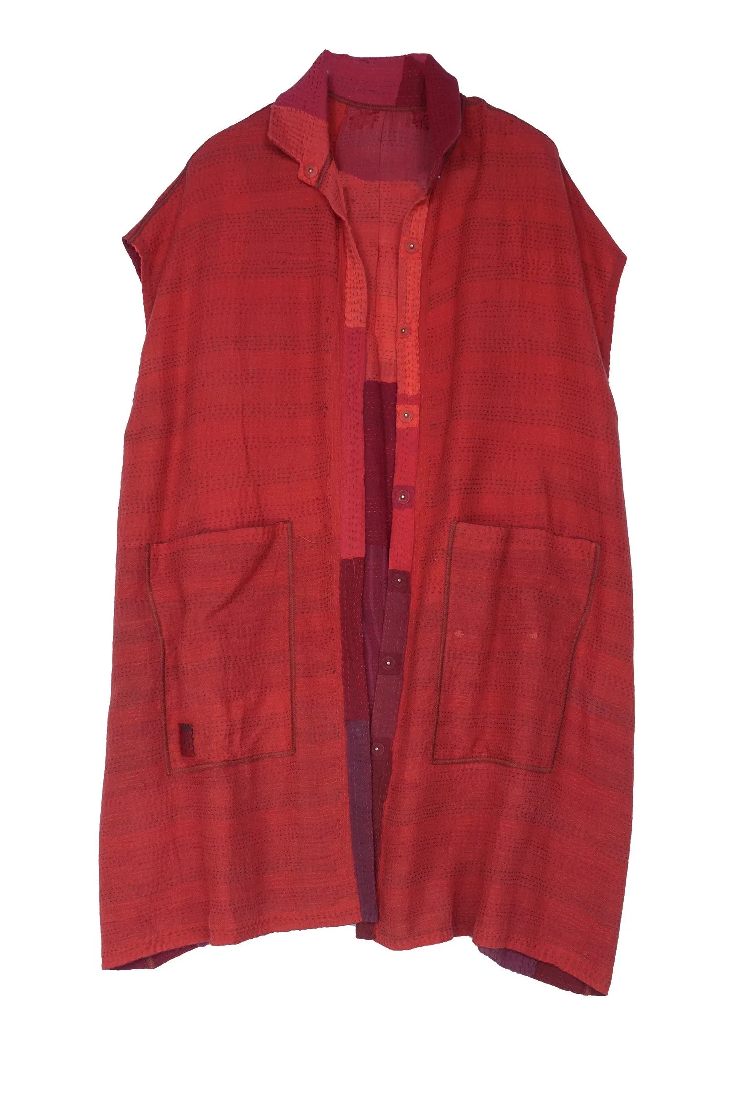 LANDSCAPE FRAYED PATCH KANTHA SHIRT DRESS - lf2426-red -