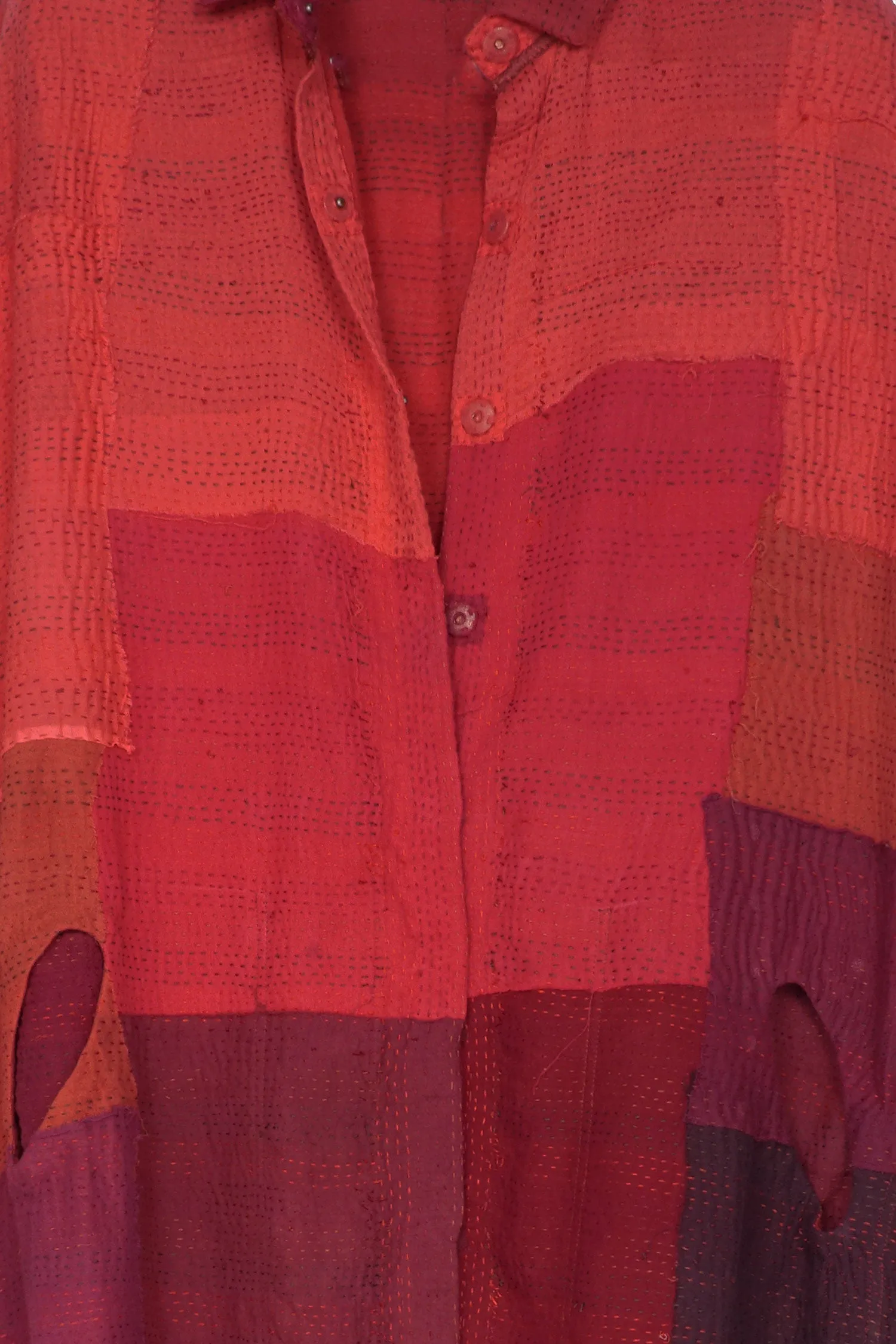 LANDSCAPE FRAYED PATCH KANTHA SHIRT DRESS - lf2426-red -