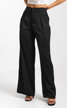 Leah Wide Leg Satin Pants - Black