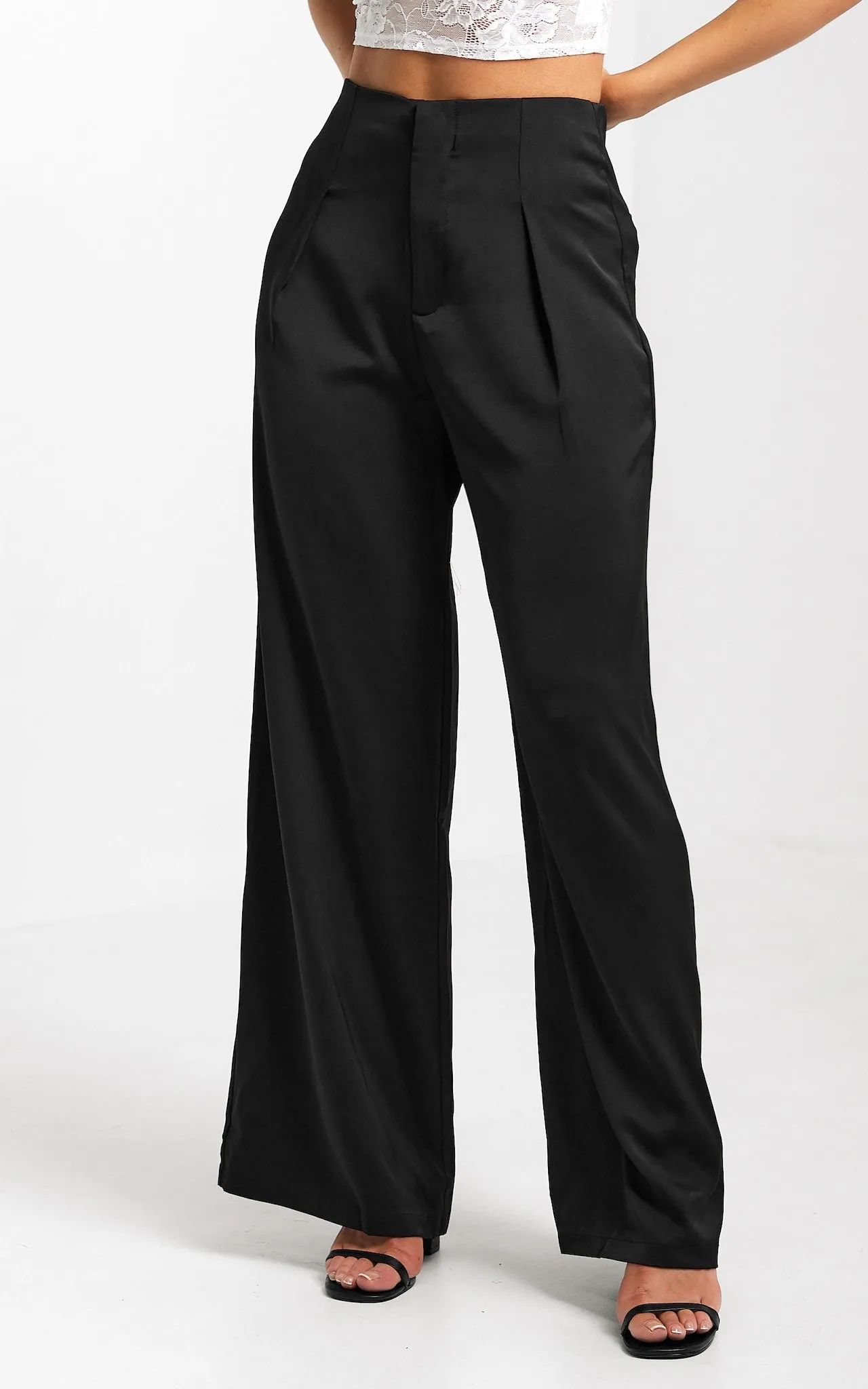 Leah Wide Leg Satin Pants - Black