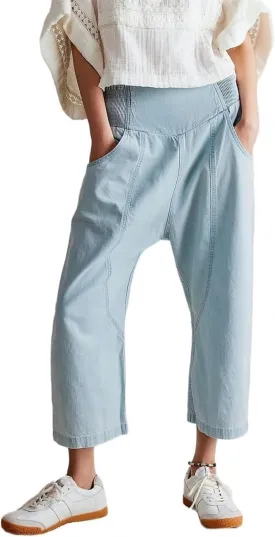 LifeShe Cropped Elastic Waist Jeans for Women Drop Crotch Jeans Low Rise Wide Leg Denim Harem Pants