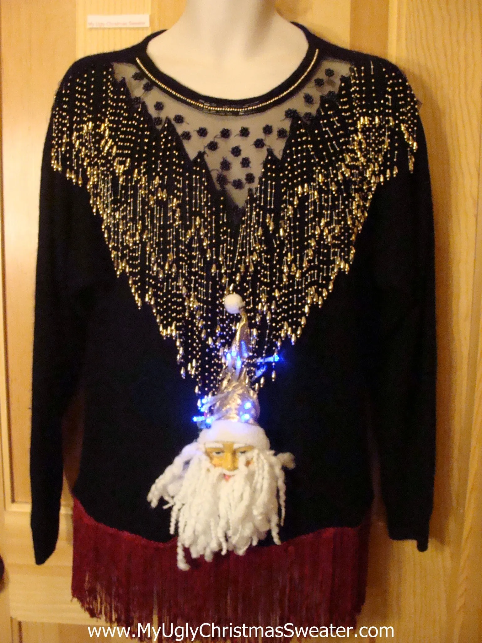 Light Up 80s Ugly Christmas Sweater 3D Santa Fringe