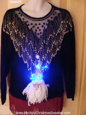 Light Up 80s Ugly Christmas Sweater 3D Santa Fringe