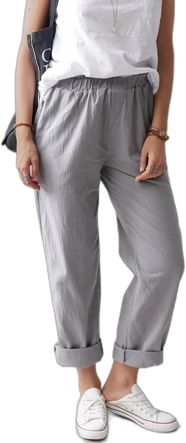 Linen Pants for Women, Pure Color Pleating Lightweight Pant, Elastic Waist Casual Trousers Baggy Athletic Pockets Joggers
