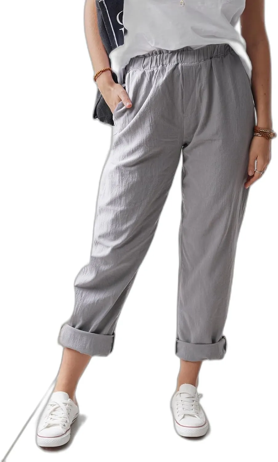 Linen Pants for Women, Pure Color Pleating Lightweight Pant, Elastic Waist Casual Trousers Baggy Athletic Pockets Joggers