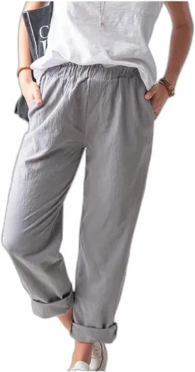 Linen Pants for Women, Pure Color Pleating Lightweight Pant, Elastic Waist Casual Trousers Baggy Athletic Pockets Joggers