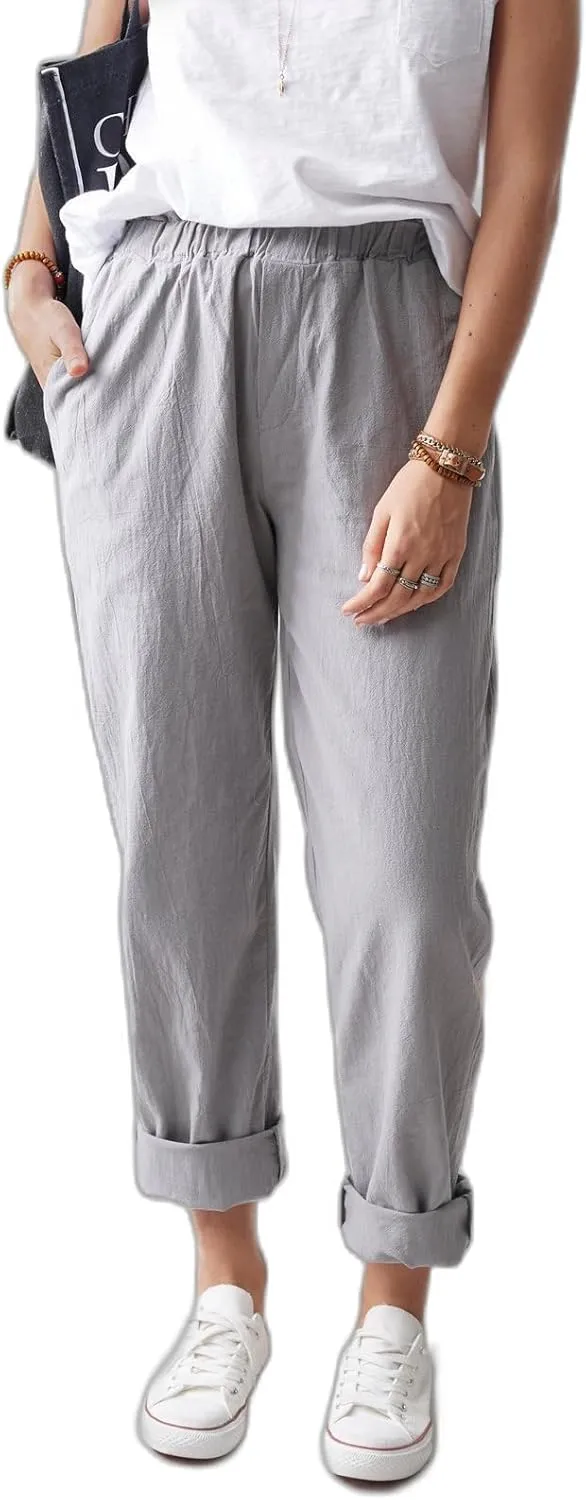 Linen Pants for Women, Pure Color Pleating Lightweight Pant, Elastic Waist Casual Trousers Baggy Athletic Pockets Joggers