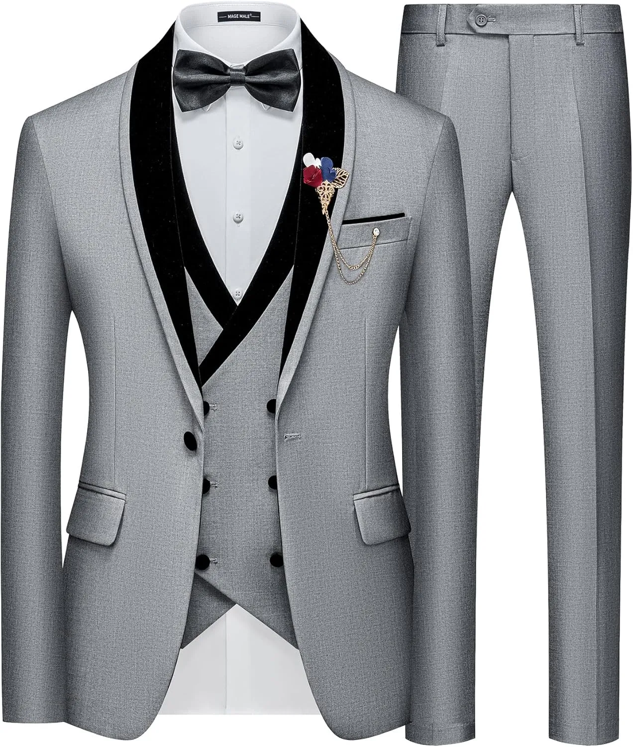 MAGE MALE Men's 3 Piece Suit One Button Tuxedo Set Slim Fit Formal Suit for Weddings, Parties, and Evening Events