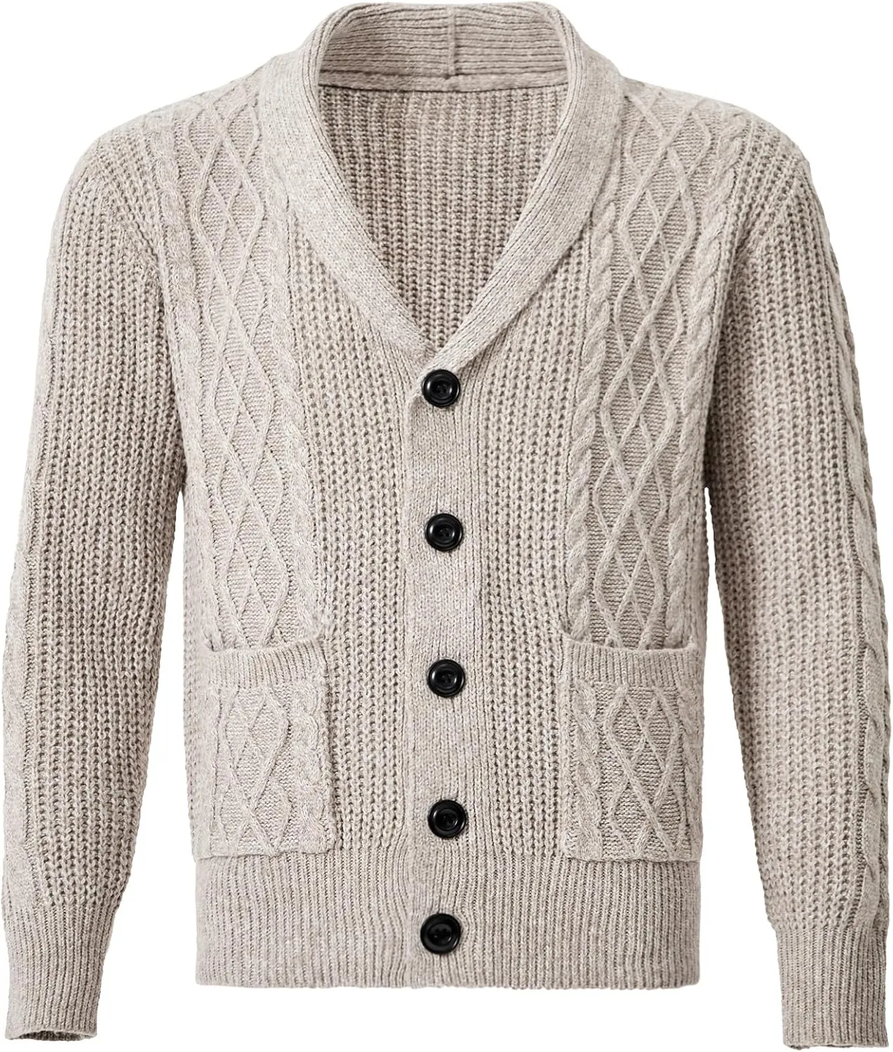 Men's Shawl Collar Cardigan Sweater Long Sleeve Casual V Neck Button Down Cable Knitted Sweater with Pockets