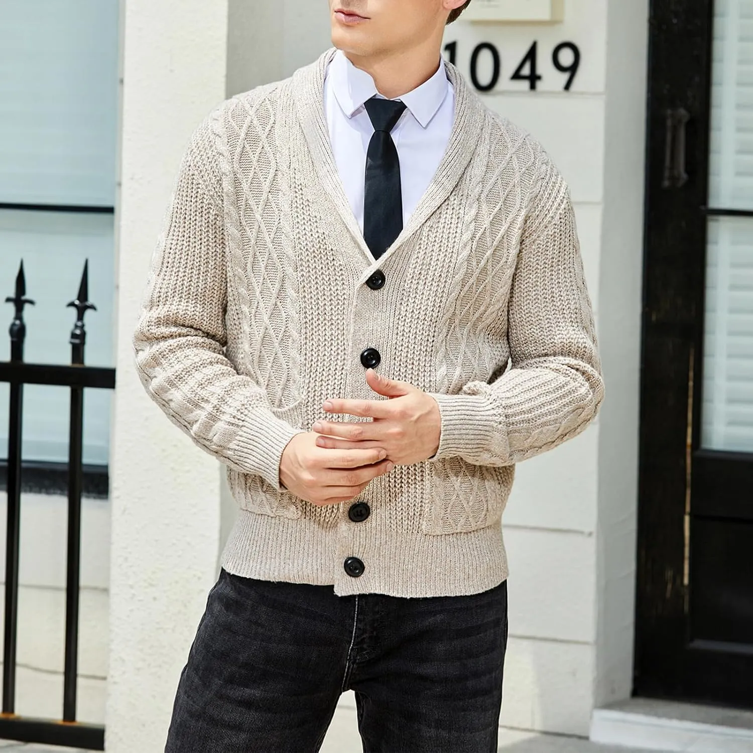 Men's Shawl Collar Cardigan Sweater Long Sleeve Casual V Neck Button Down Cable Knitted Sweater with Pockets