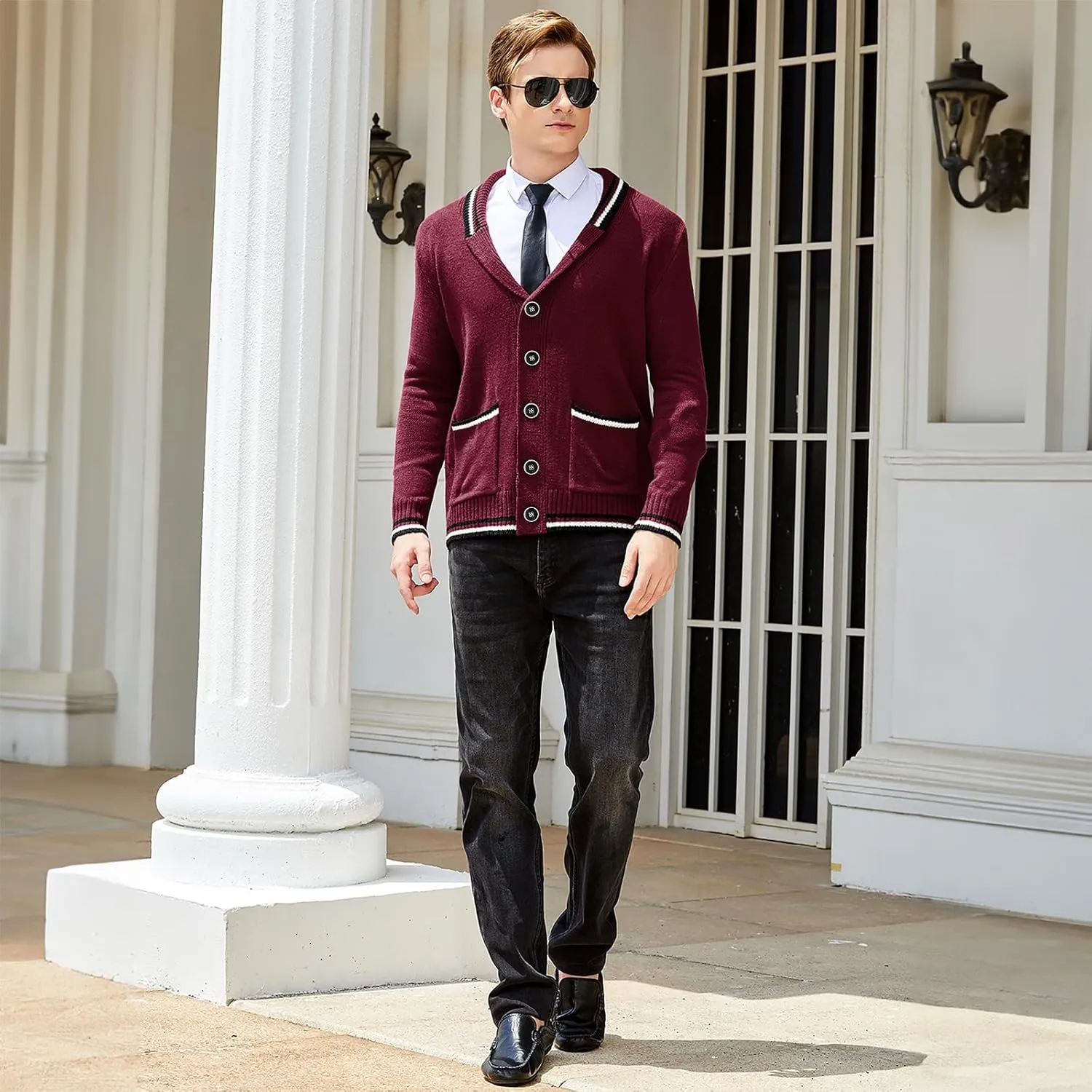 Men's Shawl Collar Cardigan Sweater Long Sleeve Casual V Neck Button Down Cable Knitted Sweater with Pockets