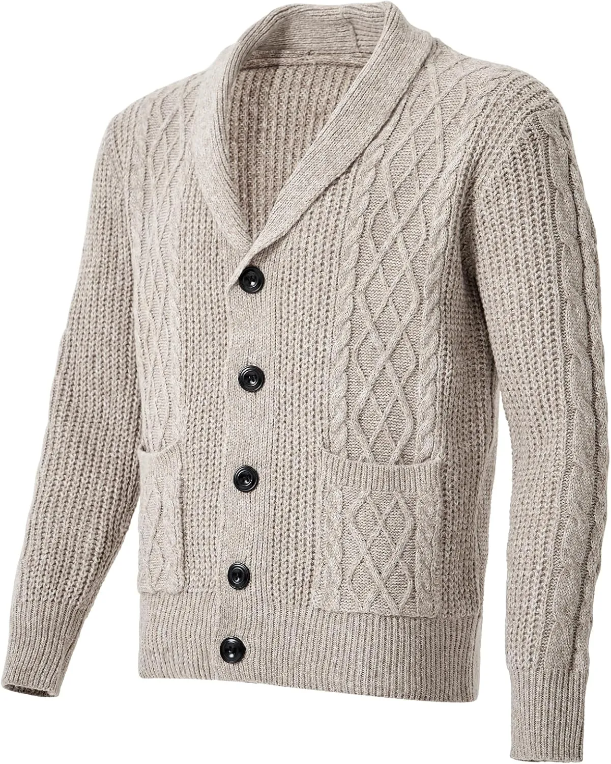 Men's Shawl Collar Cardigan Sweater Long Sleeve Casual V Neck Button Down Cable Knitted Sweater with Pockets