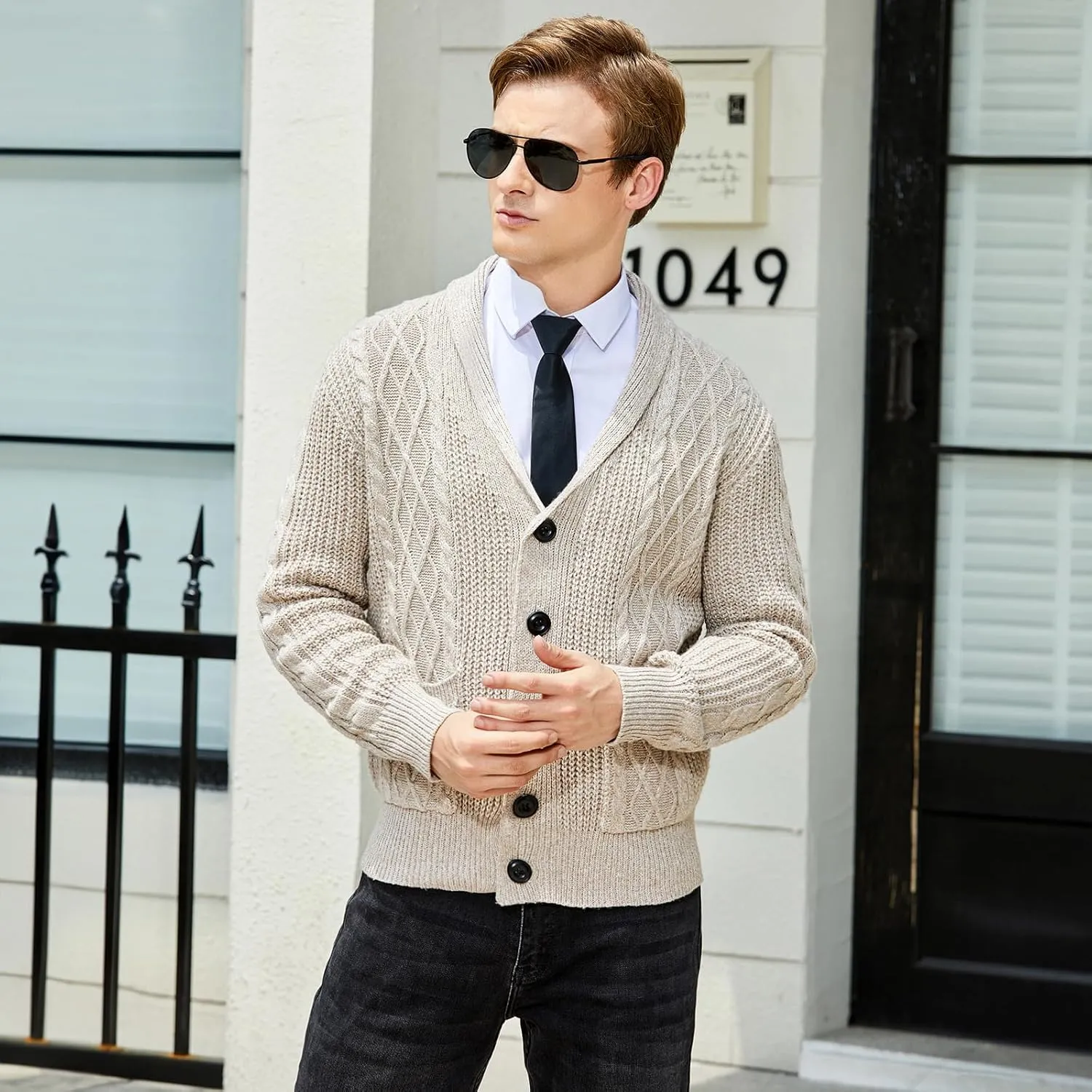 Men's Shawl Collar Cardigan Sweater Long Sleeve Casual V Neck Button Down Cable Knitted Sweater with Pockets