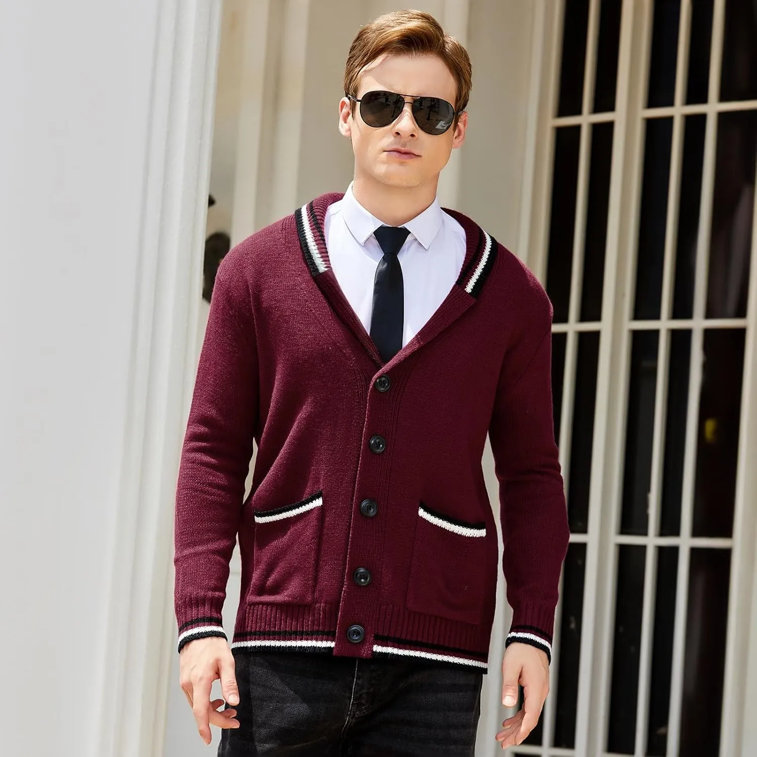 Men's Shawl Collar Cardigan Sweater Long Sleeve Casual V Neck Button Down Cable Knitted Sweater with Pockets