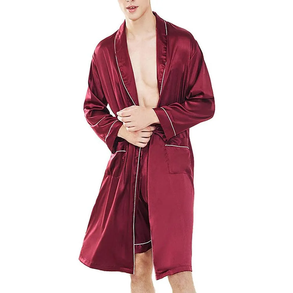 Men's Silk Bathrobe  Silk Robe Silk Sleepwear Casual Silk Kimono Robe with Shorts