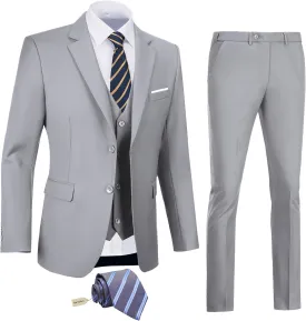Men's Slim Fit 3 Piece Suit Two Button Business Wedding Dress Tux Suit Set Jacket Vest Pants with Tie