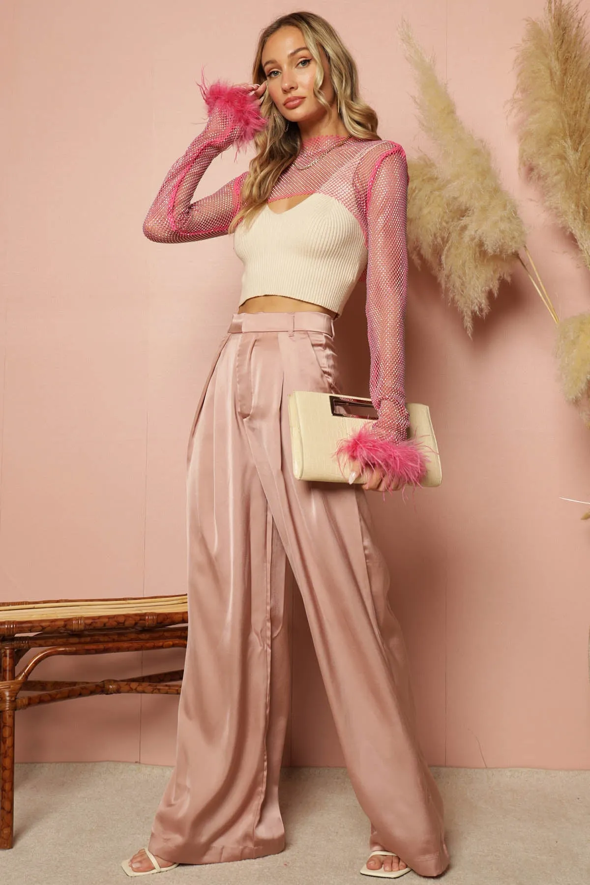 Minogue Satin Pleated Wide Leg Pants