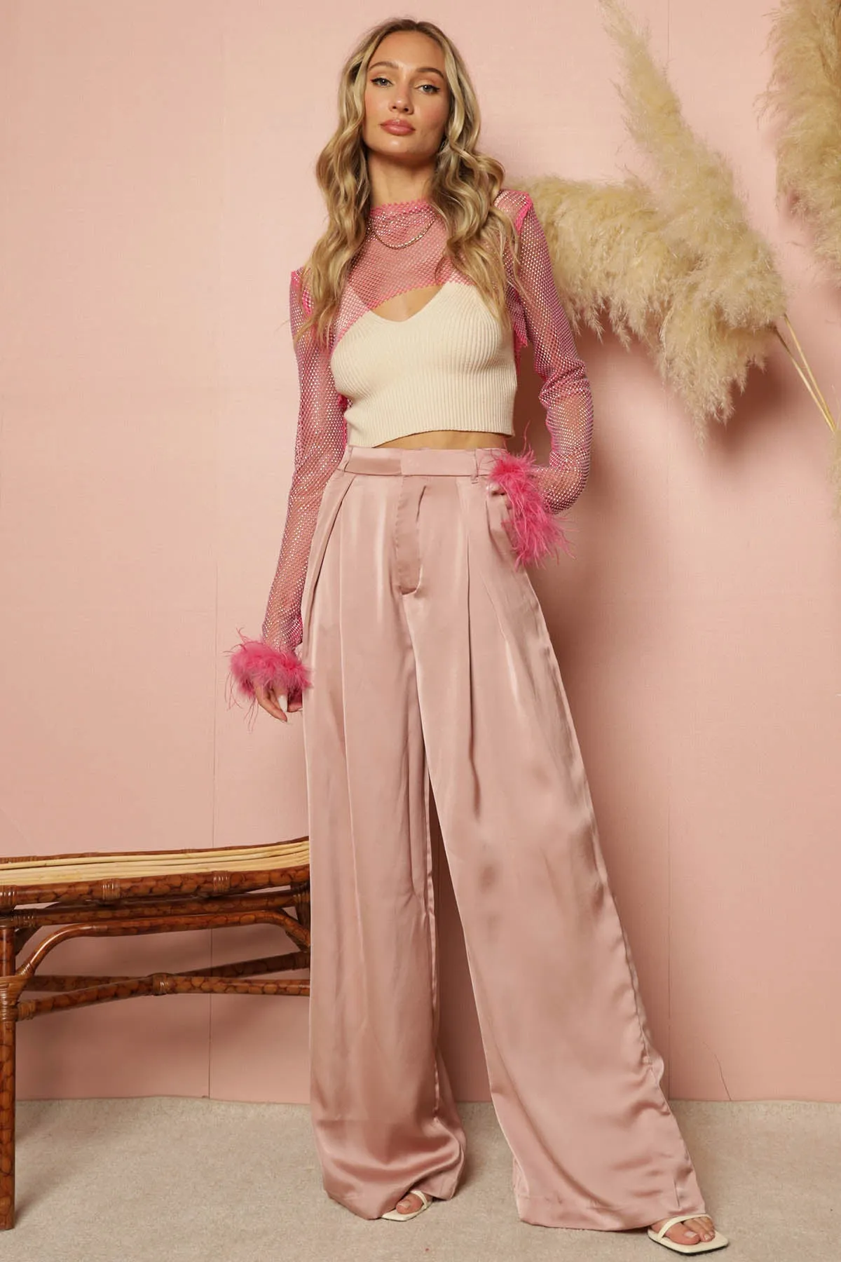 Minogue Satin Pleated Wide Leg Pants
