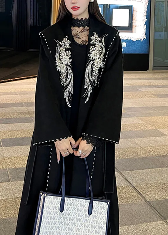 Modern Black Embroideried Tie Waist Woolen Trench Coat Long Sleeve LY9719