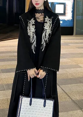 Modern Black Embroideried Tie Waist Woolen Trench Coat Long Sleeve LY9719