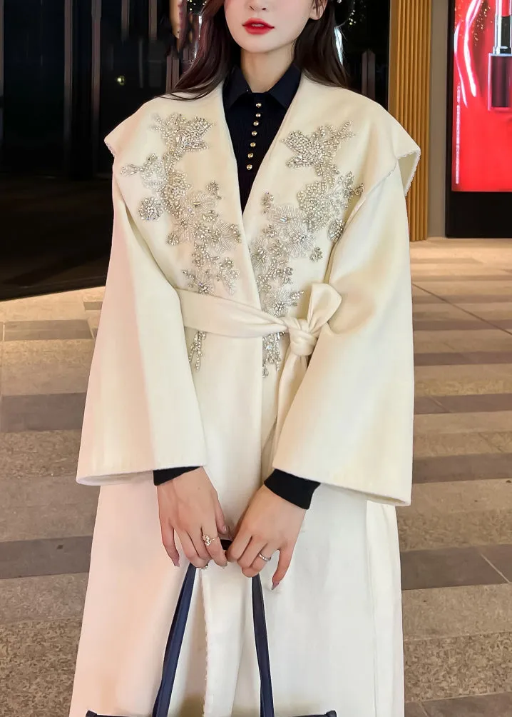 Modern Black Embroideried Tie Waist Woolen Trench Coat Long Sleeve LY9719
