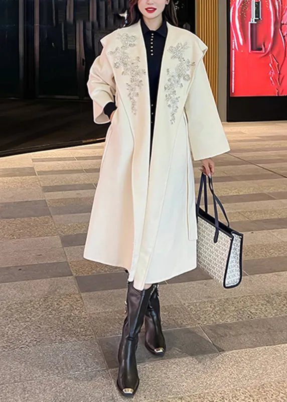 Modern Black Embroideried Tie Waist Woolen Trench Coat Long Sleeve LY9719