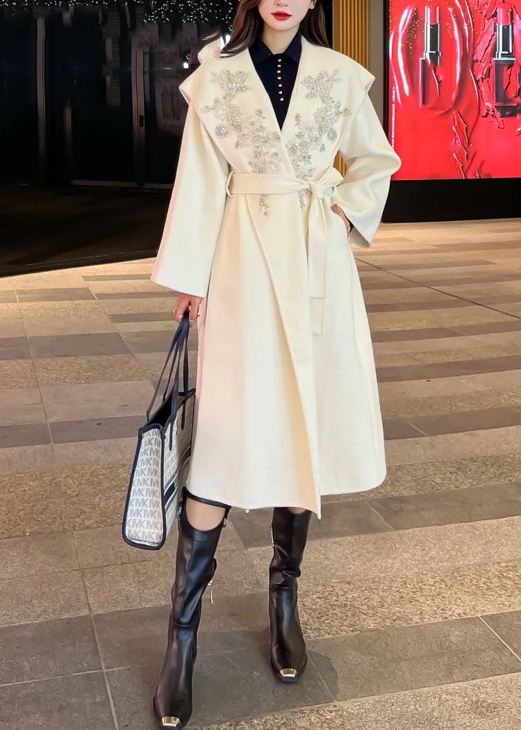 Modern Black Embroideried Tie Waist Woolen Trench Coat Long Sleeve LY9719