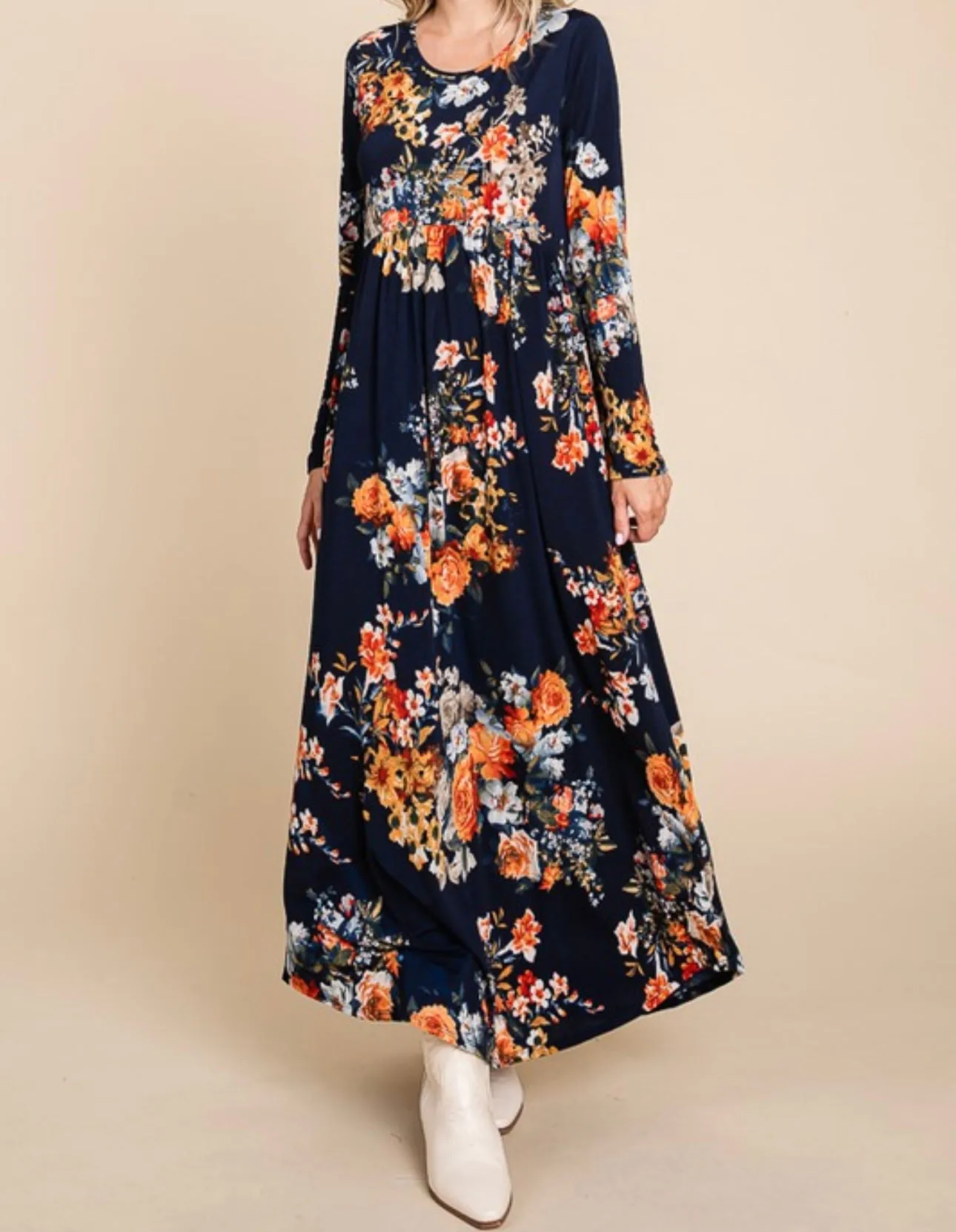 Navy Blue with Rust Floral Empire Waist Long Maxi Dress