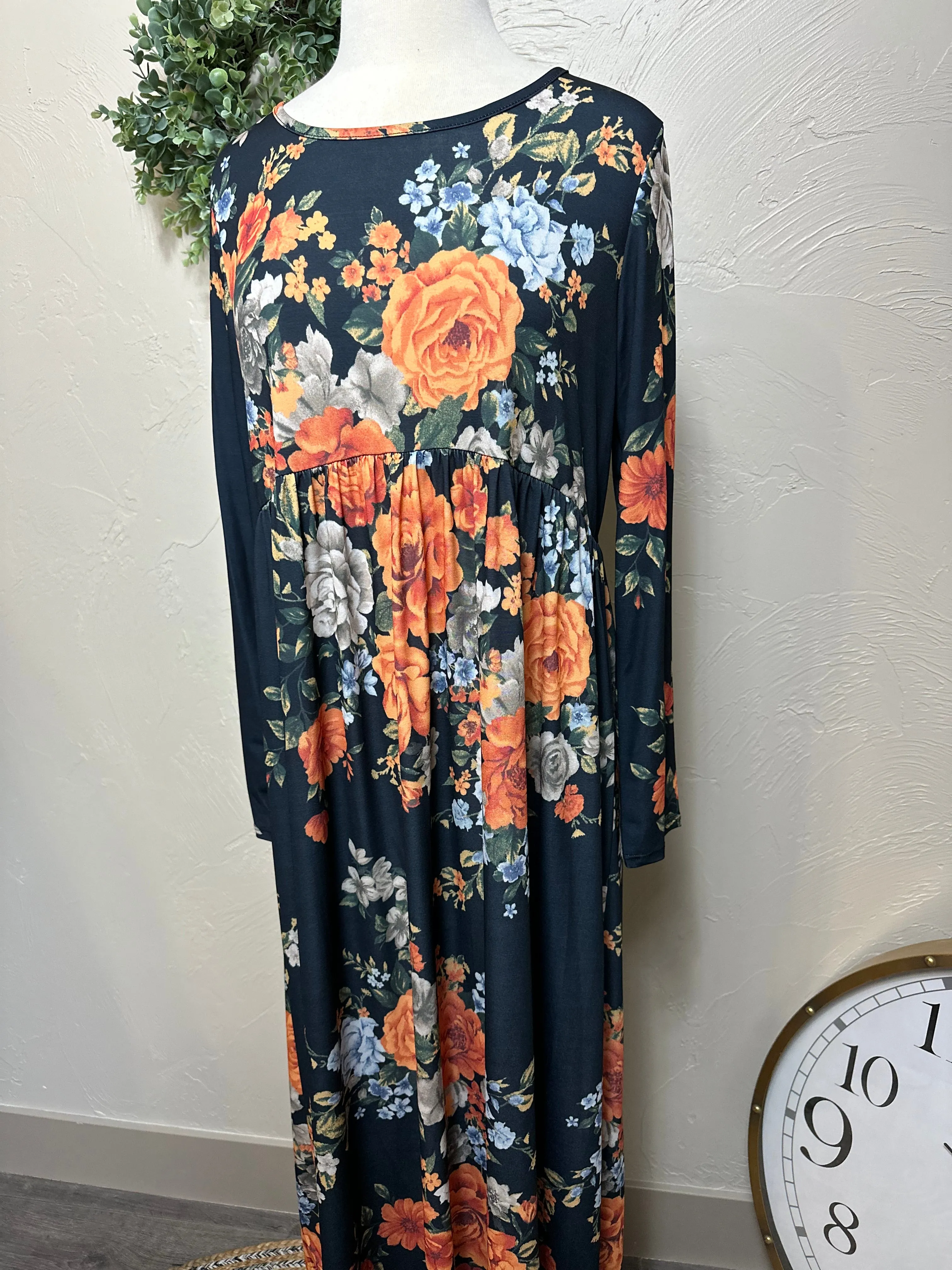 Navy Blue with Rust Floral Empire Waist Long Maxi Dress