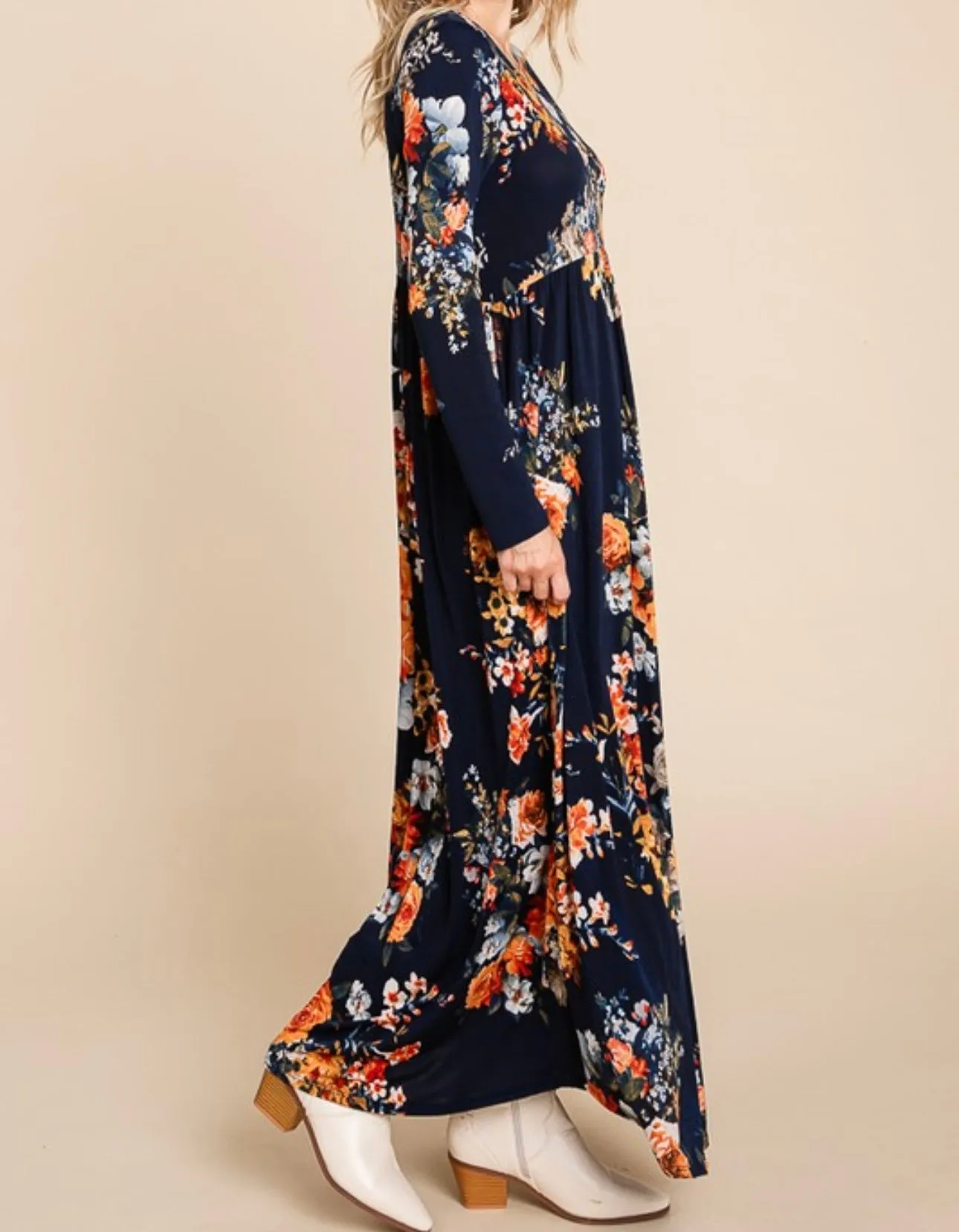 Navy Blue with Rust Floral Empire Waist Long Maxi Dress