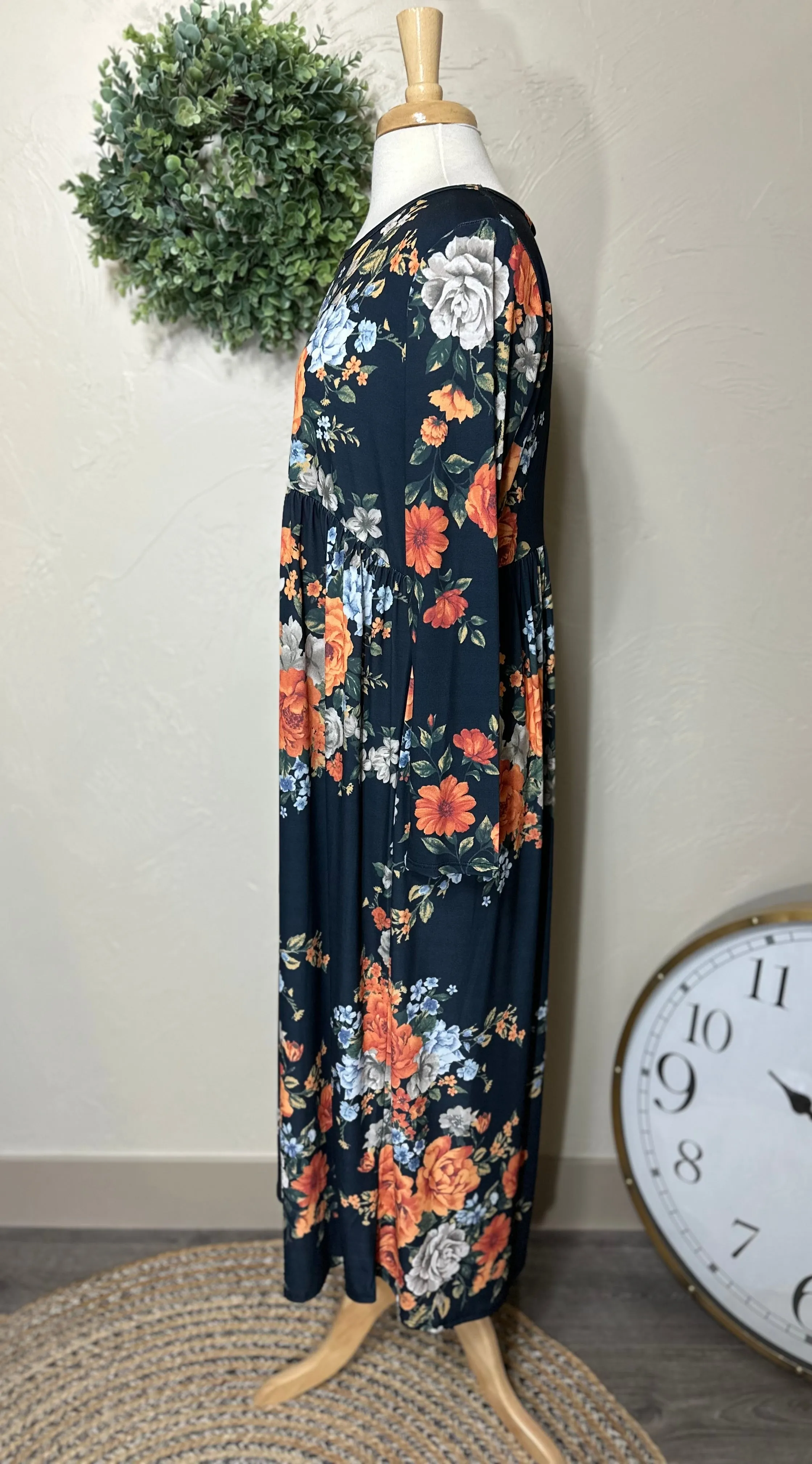 Navy Blue with Rust Floral Empire Waist Long Maxi Dress