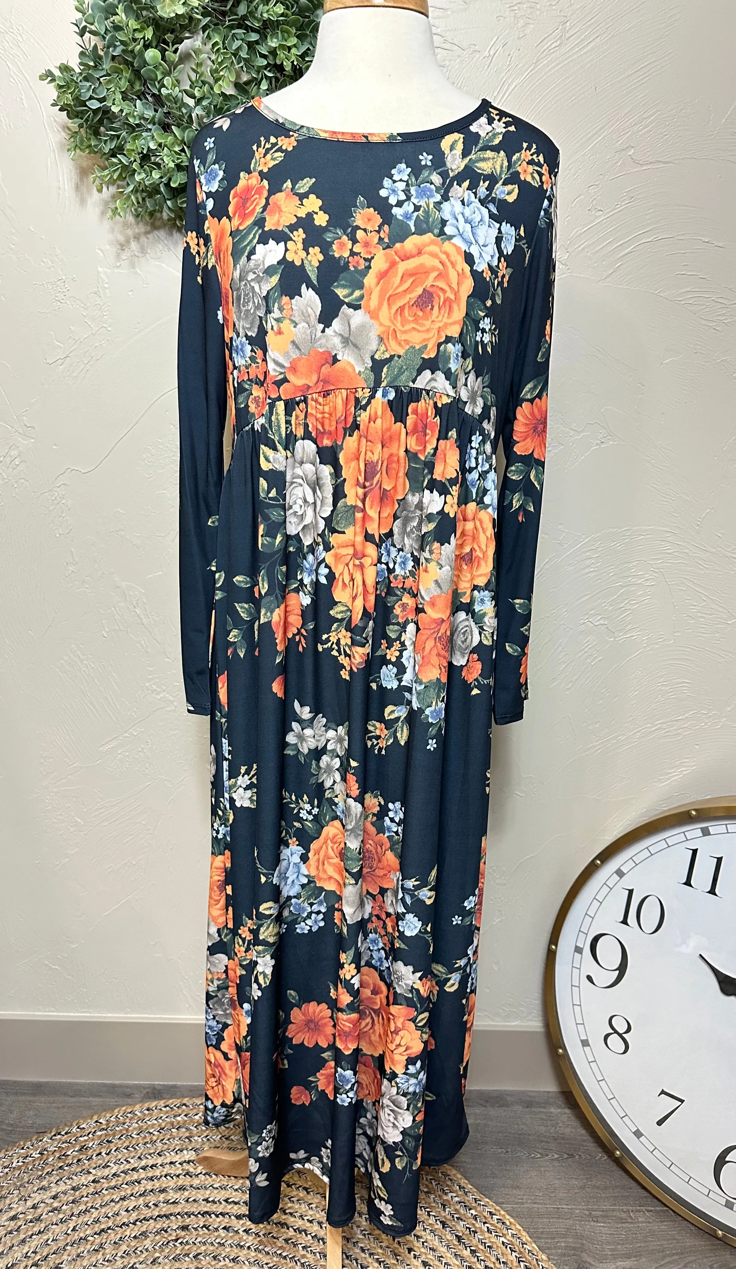 Navy Blue with Rust Floral Empire Waist Long Maxi Dress