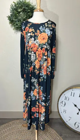 Navy Blue with Rust Floral Empire Waist Long Maxi Dress