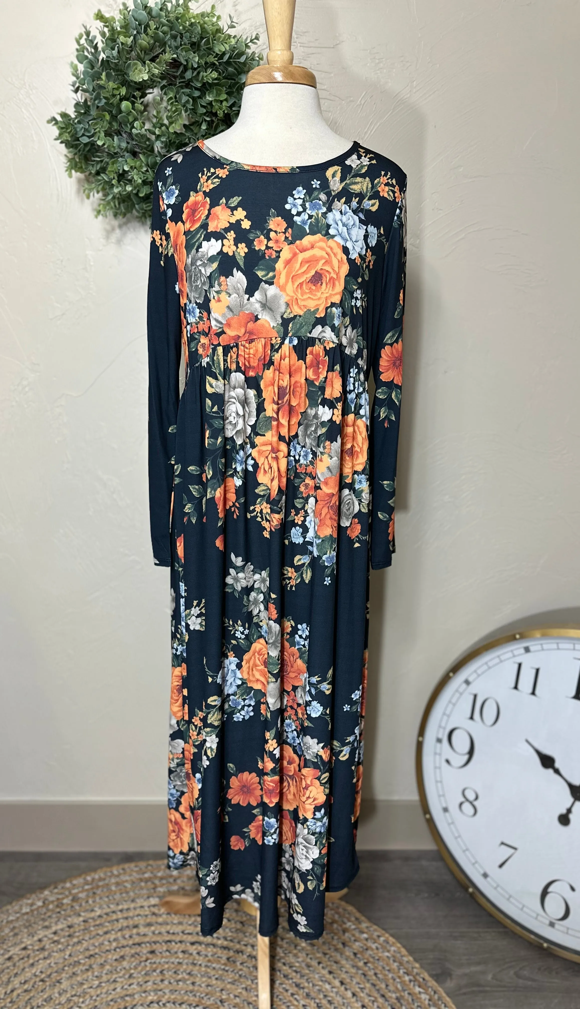 Navy Blue with Rust Floral Empire Waist Long Maxi Dress