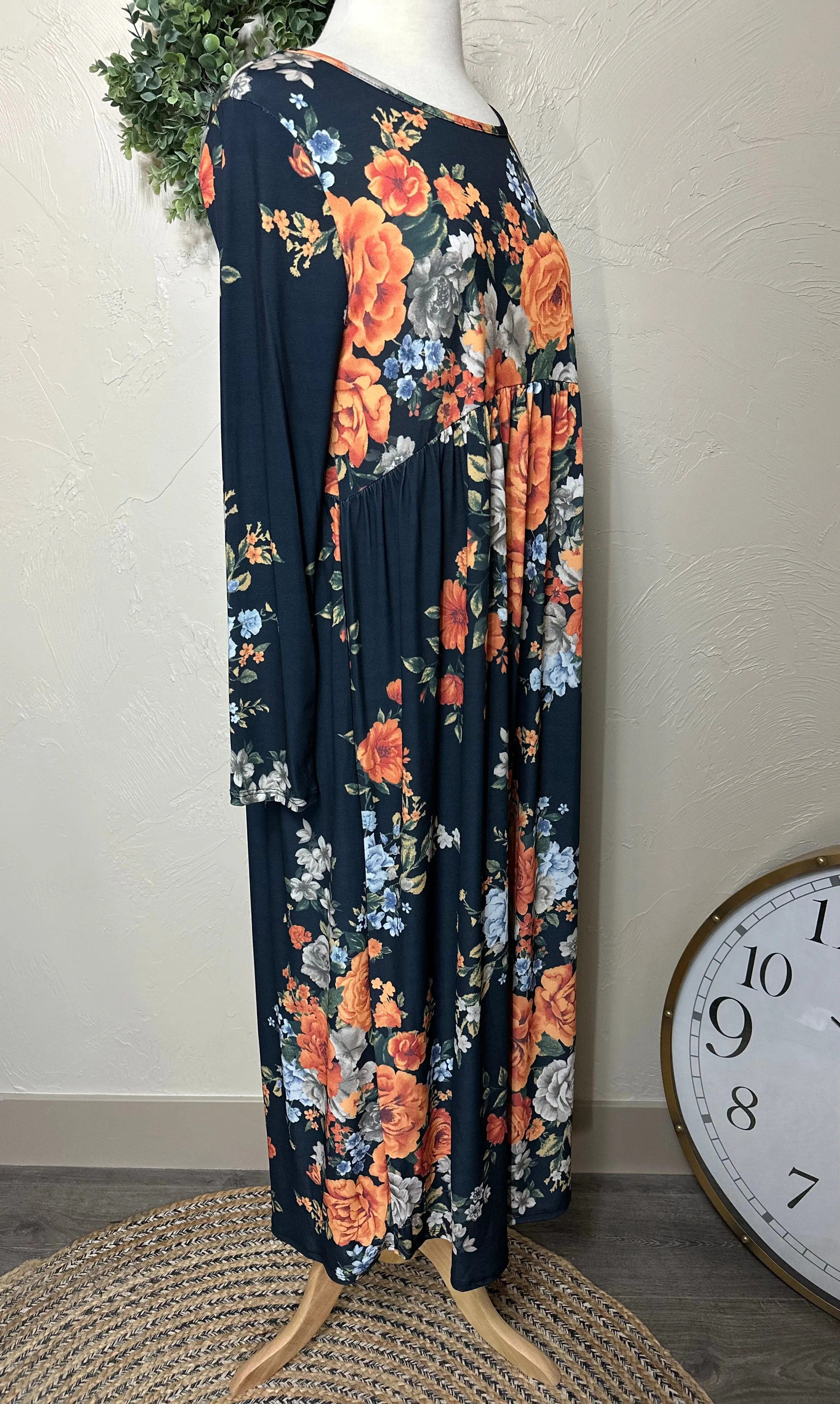 Navy Blue with Rust Floral Empire Waist Long Maxi Dress