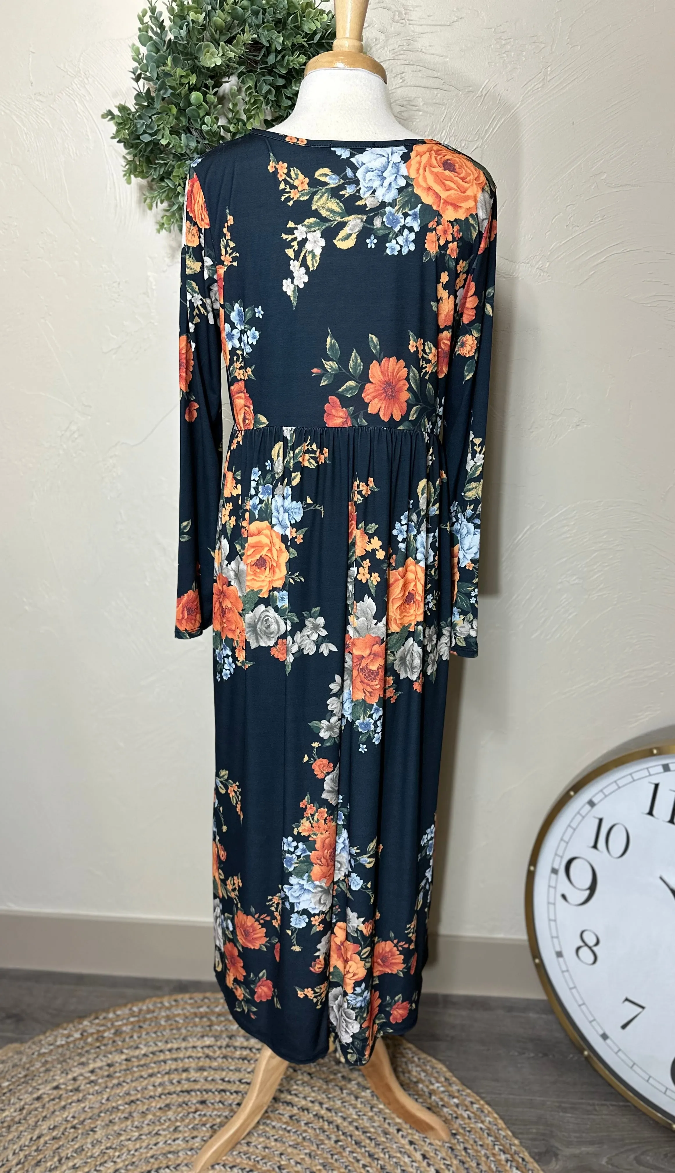 Navy Blue with Rust Floral Empire Waist Long Maxi Dress