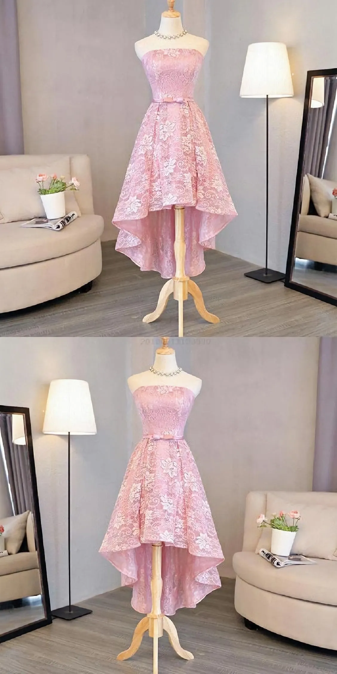 Nice Pink High Low Lace Dress, Pink High Low Dress, Lace Dress, Homecoming Dress