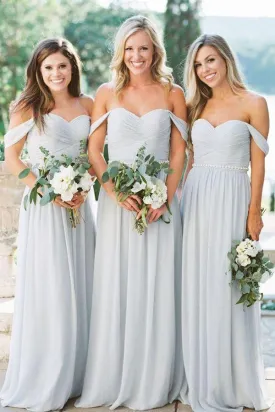 Off The Shoulder Light Blue Chiffon Bridesmaid Dress