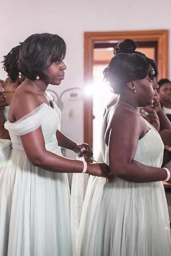 Off The Shoulder Light Blue Chiffon Bridesmaid Dress